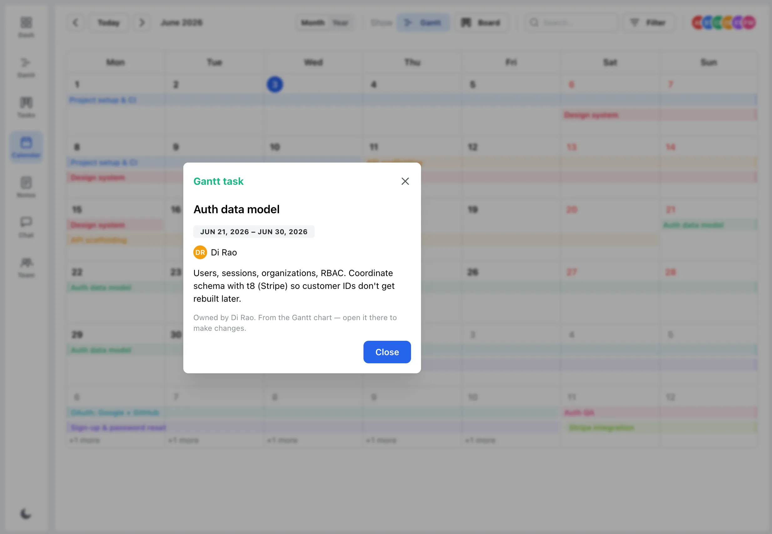 A task opened from the calendar, showing its owner, dates, and description