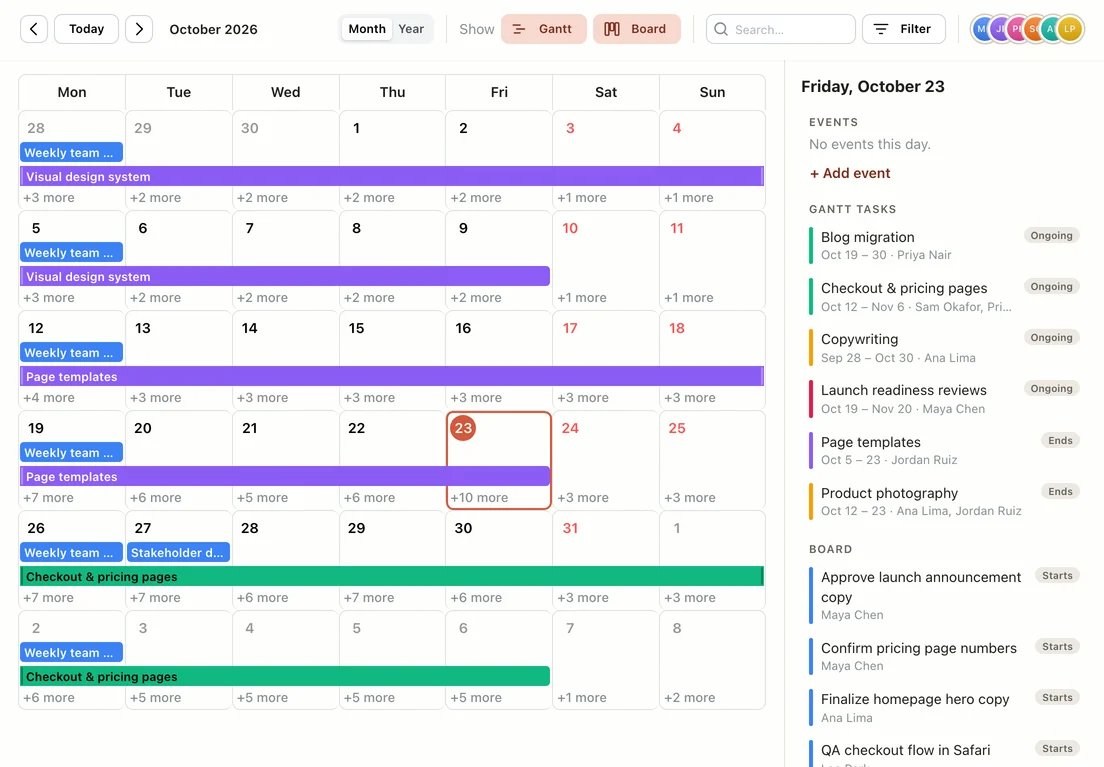EverGantt calendar for October 2026, with events and Gantt tasks on the month and the day panel beside it