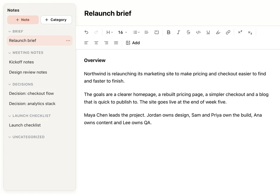 EverGantt notes for the Website Relaunch, with the category sidebar and the Relaunch brief open