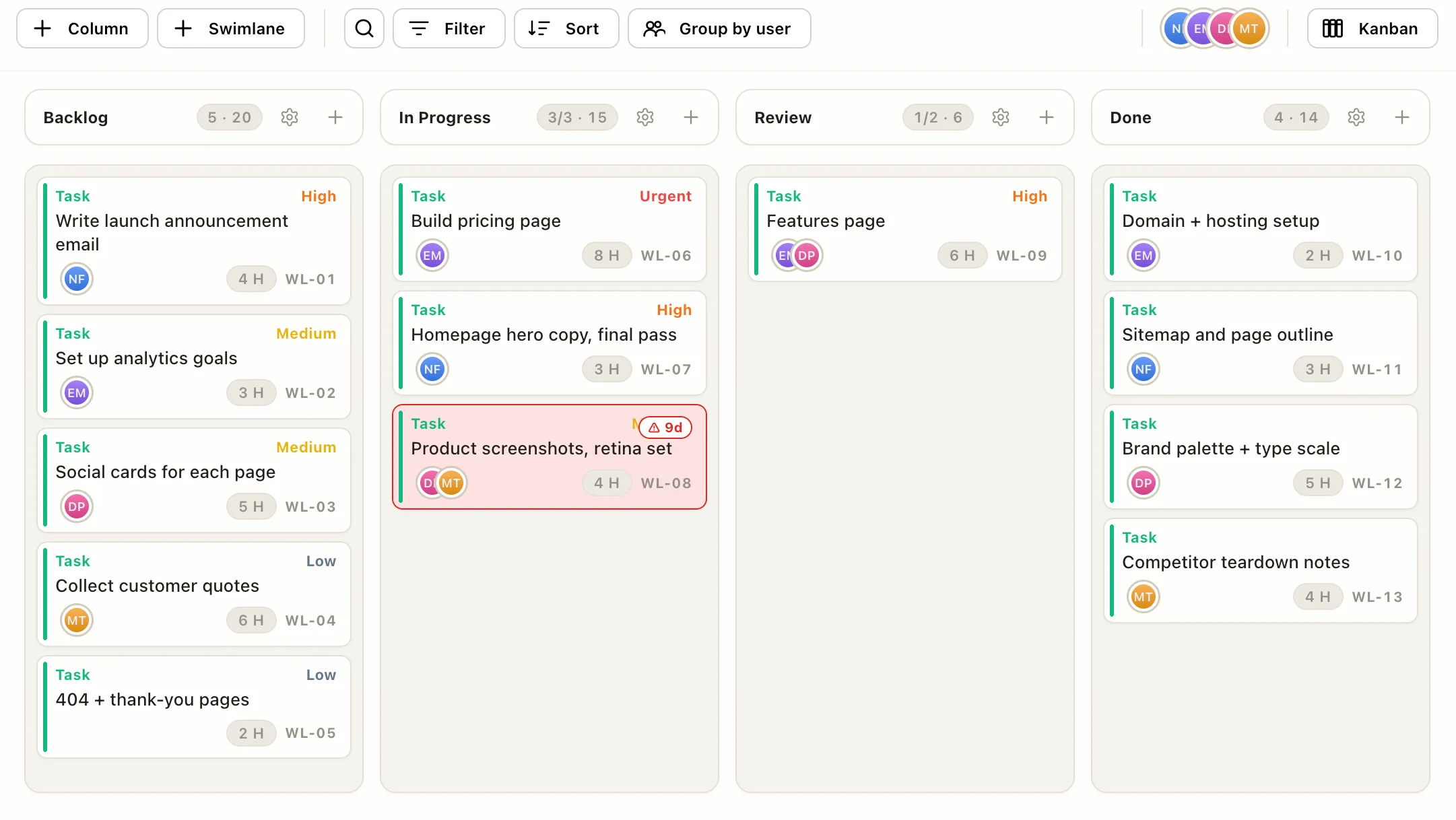 An EverGantt Kanban board for a website launch, with Backlog, In Progress, Review, and Done columns and a WIP limit on In Progress