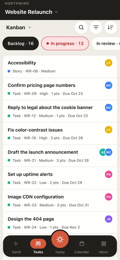 EverGantt on a phone: the board screen