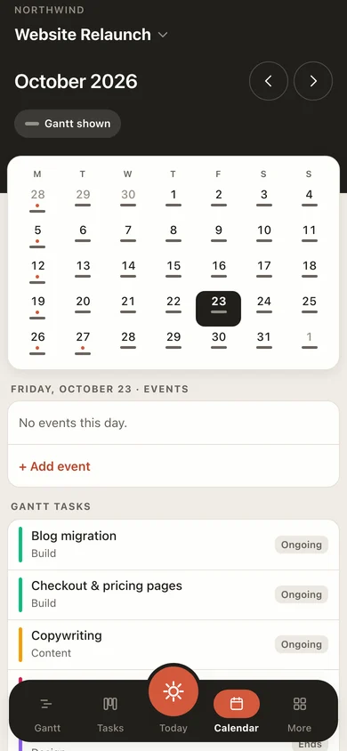 EverGantt on a phone: the calendar screen