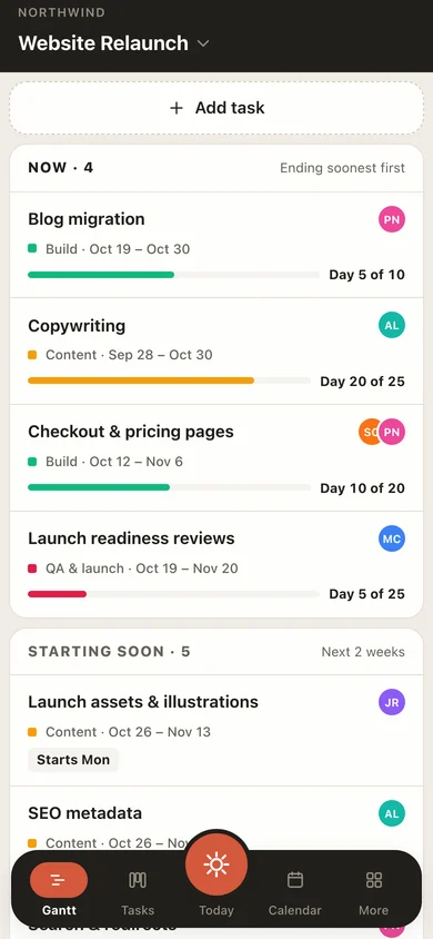 EverGantt on a phone: the gantt screen