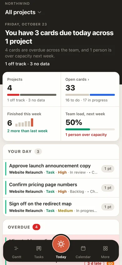 EverGantt on a phone: the Today screen with the cards due today and what is overdue