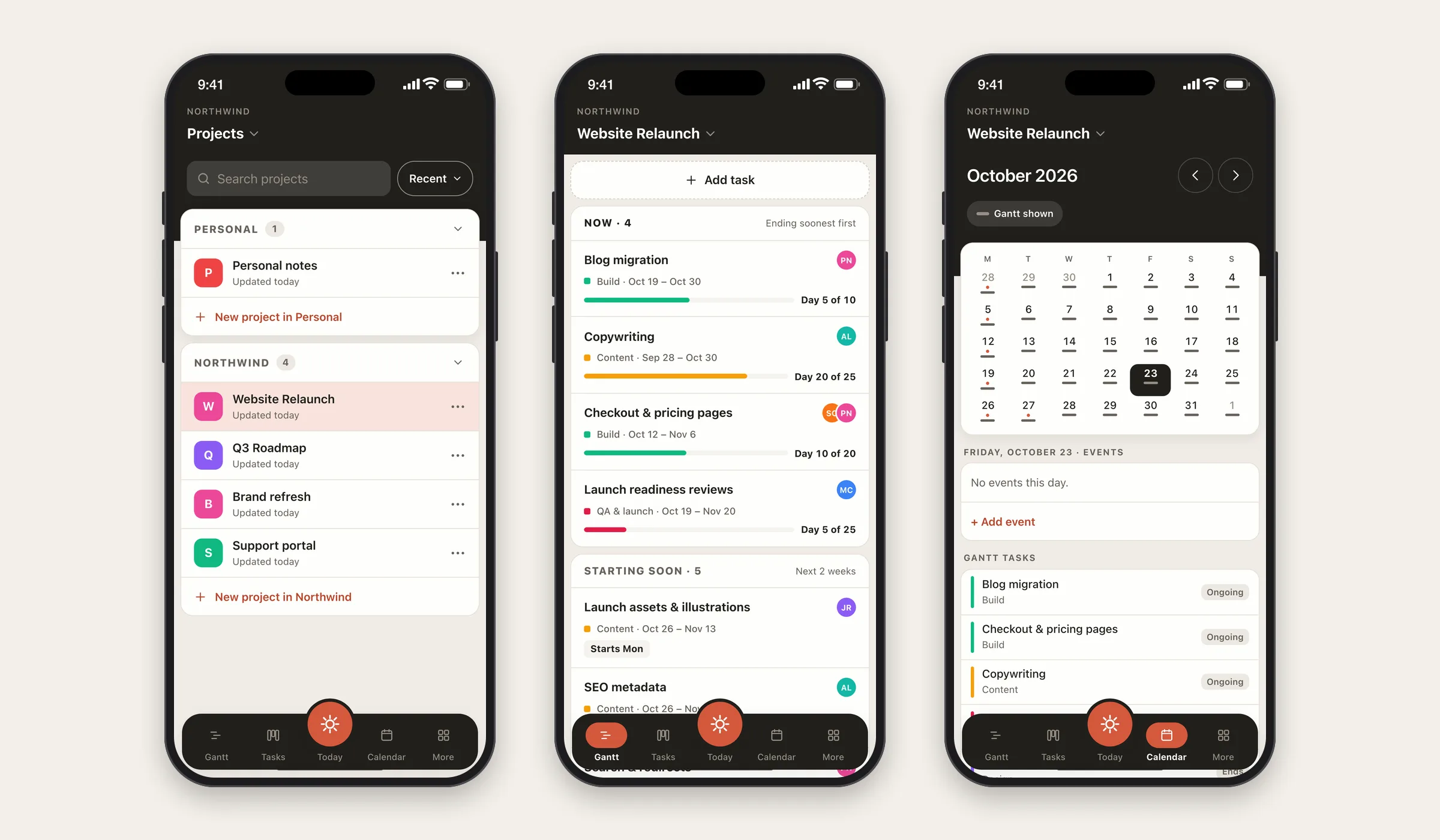 EverGantt on a phone: the projects list, a Gantt list grouped into Now and Starting soon, and a month calendar with Gantt tasks
